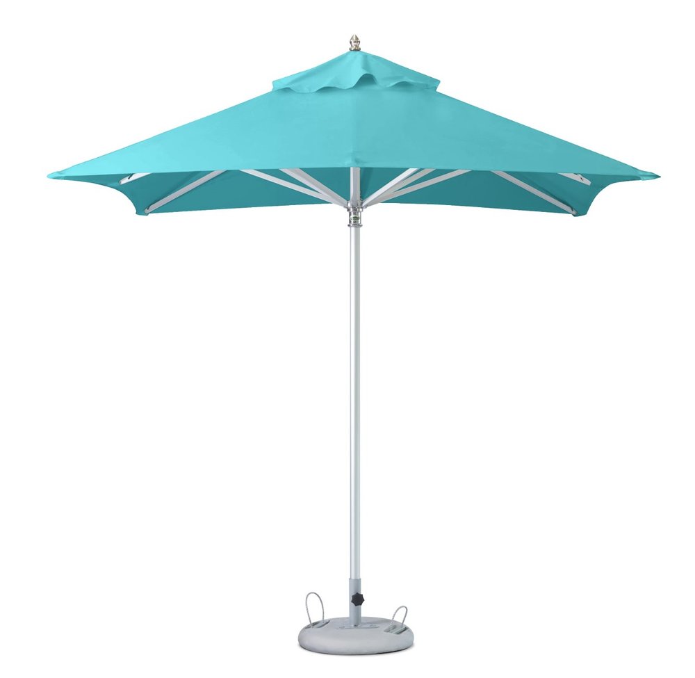 Aqua polyester square market patio umbrella with silver pole and gray base on a white background.