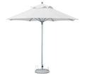 White polyester market patio umbrella with a silver pole and a gray base on a white background.