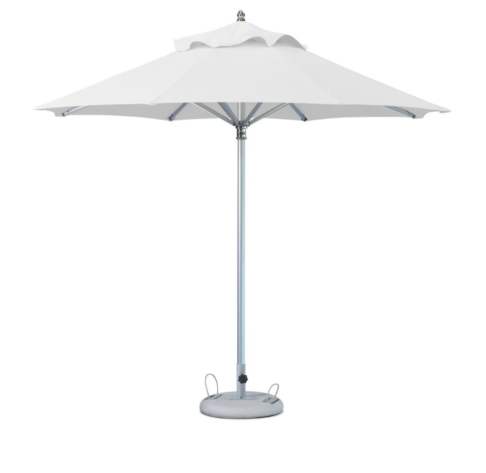White polyester market patio umbrella with a silver pole and a gray base on a white background.