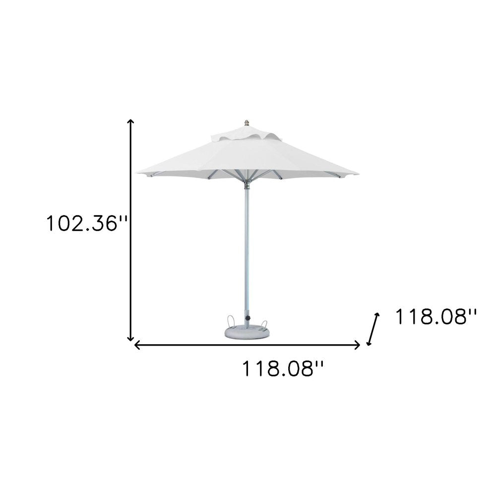 10' White Polyester Round Market Patio Umbrella. Outdoor umbrella isolated on a plain white background, in a white fabric finish.