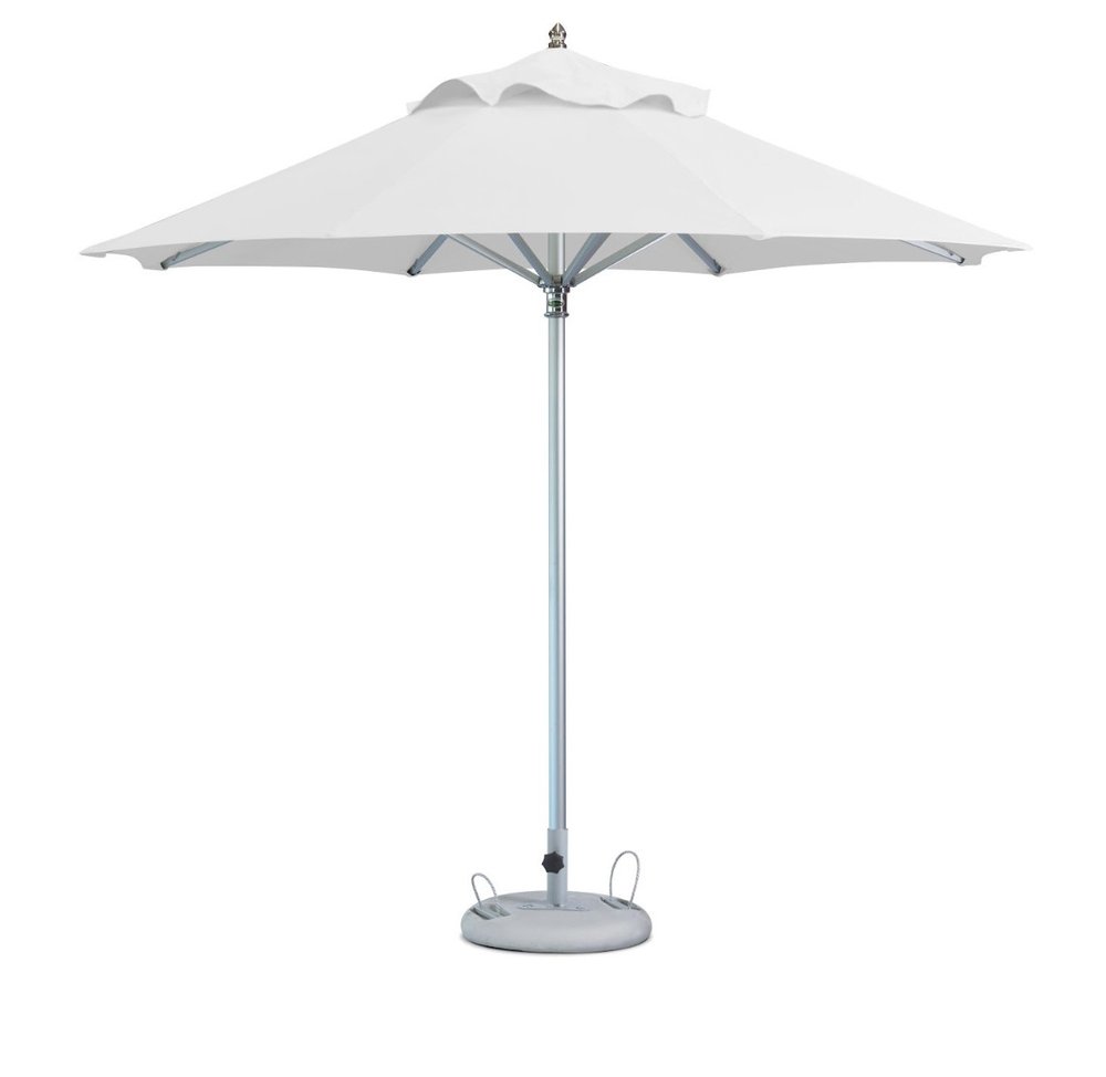 10' White Polyester Round Market Patio Umbrella. Outdoor umbrella isolated on a plain white background, showing a white fabric surface.