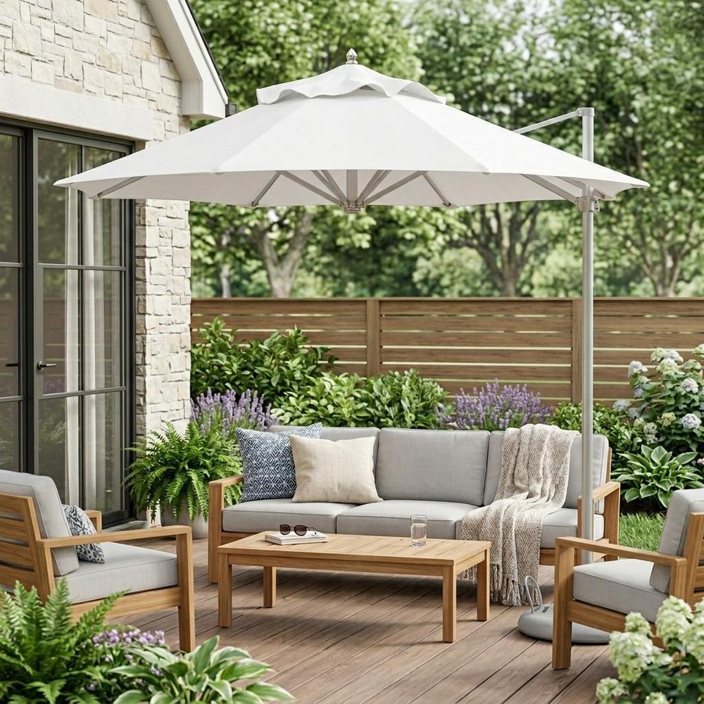 10' White Polyester Round Market Patio Umbrella shown outdoors on a patio with greenery.