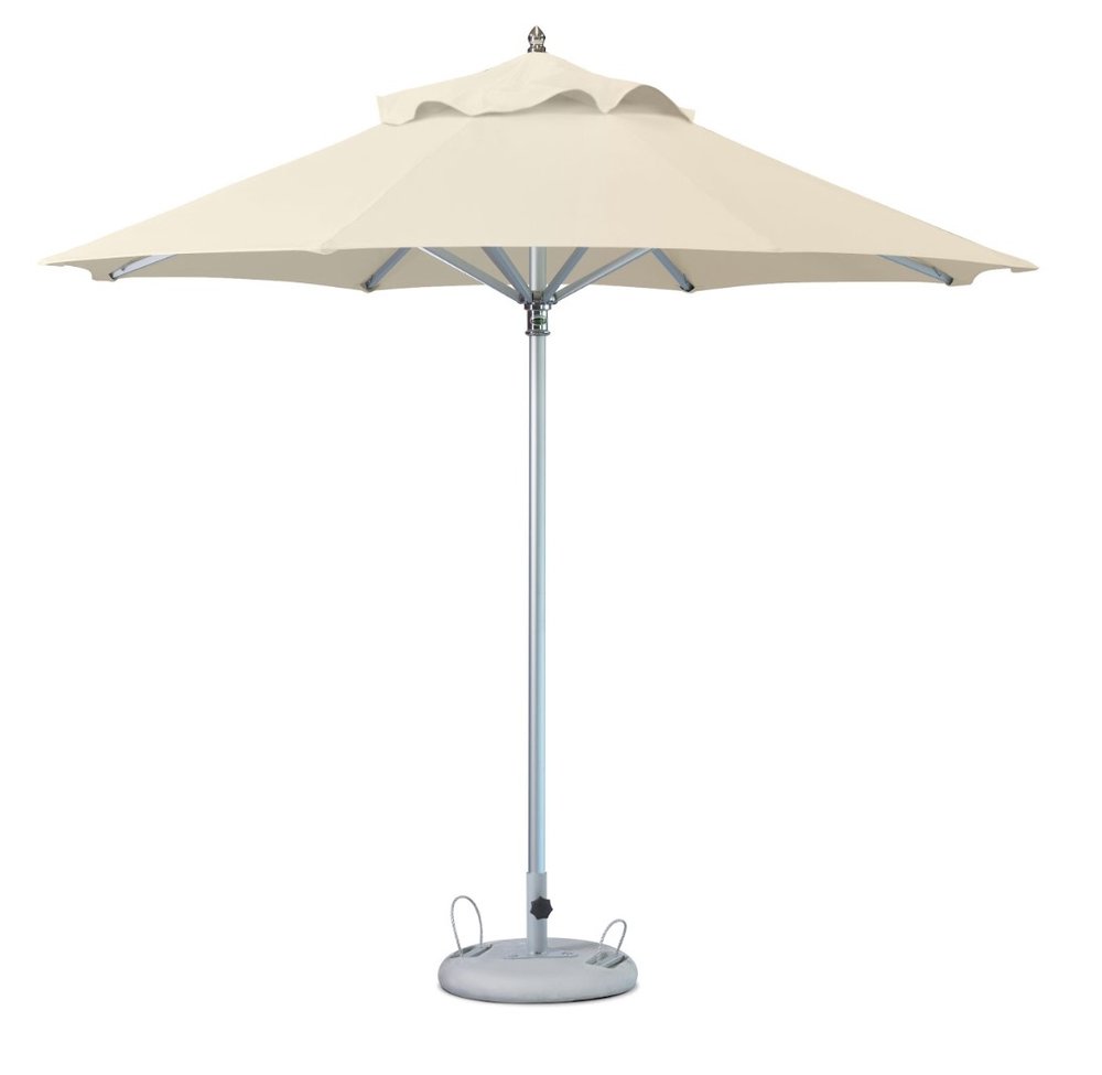 Ecru polyester patio umbrella with a silver pole and a round base, set against a white background.