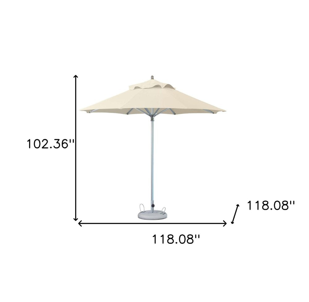 10' Ecru Polyester Round Tilt Cantilever Patio Umbrella with Stand. Outdoor umbrella isolated on a plain white background, finished in gray fabric.