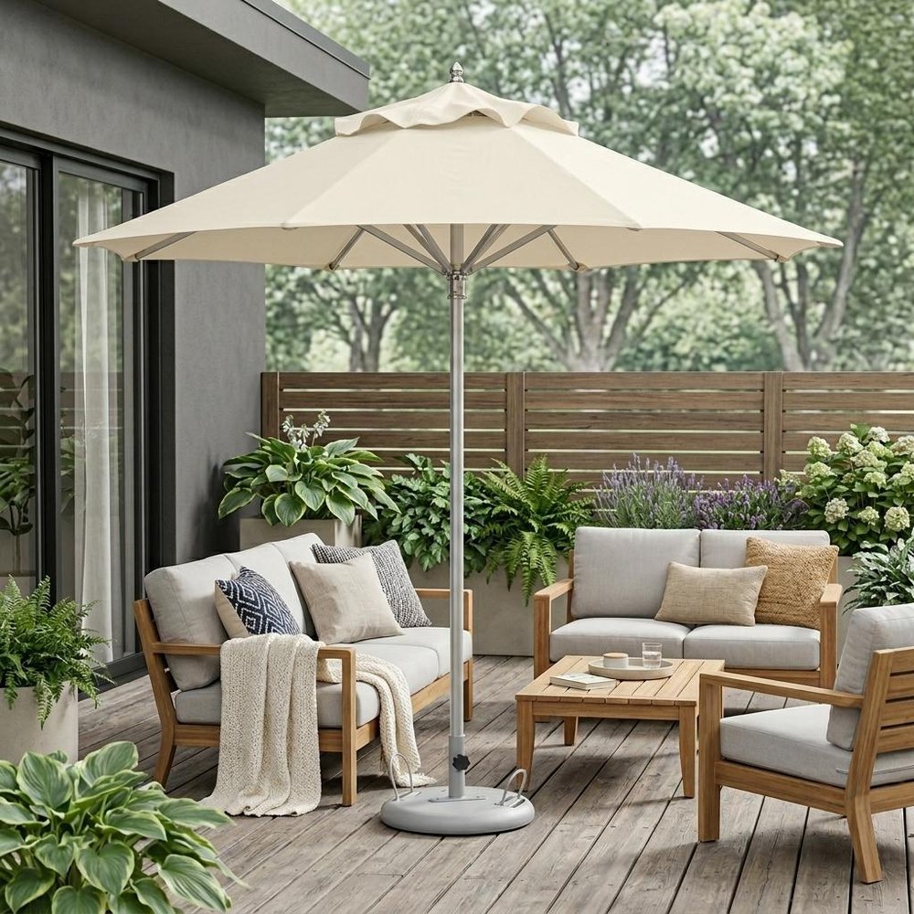 10' Ecru Polyester Round Tilt Cantilever Patio Umbrella with Stand