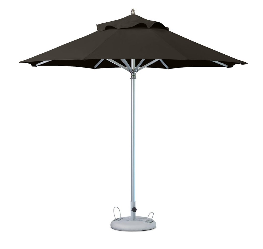 A 10' black polyester round market patio umbrella with a silver pole and a gray base on a white background.
