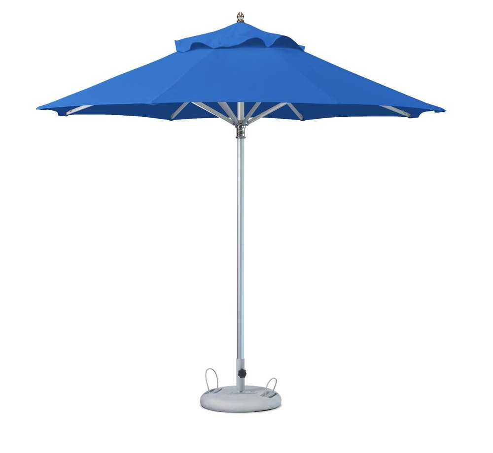 A blue polyester patio umbrella with a silver pole and a gray base on a white background.