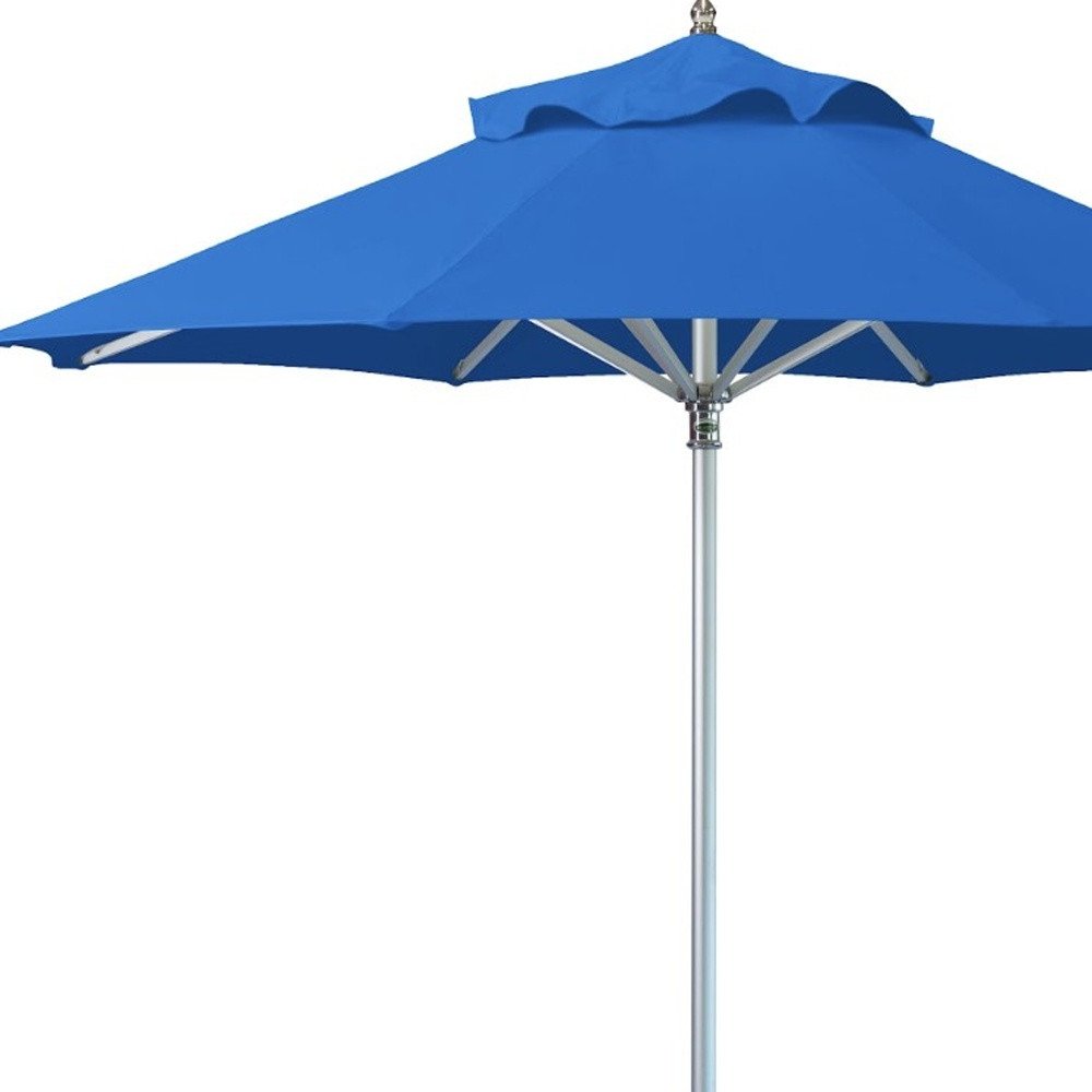 10' Blue Polyester Round Tilt Cantilever Patio Umbrella with Stand. Outdoor umbrella isolated on a plain white background, in a blue fabric finish.
