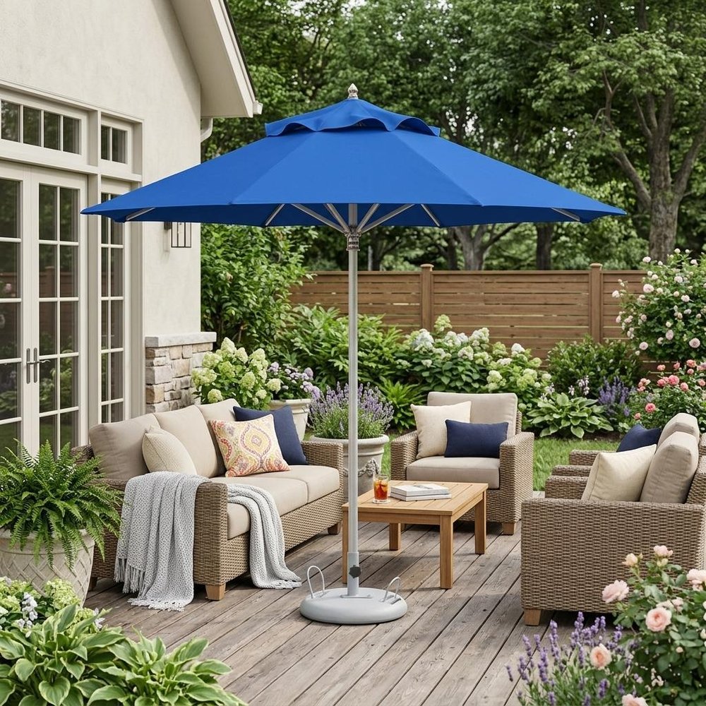 10' Blue Polyester Round Tilt Cantilever Patio Umbrella with Stand shown outdoors on a patio with greenery.