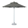 A charcoal polyester round tilt cantilever patio umbrella with a silver pole and a grey base on a white background.