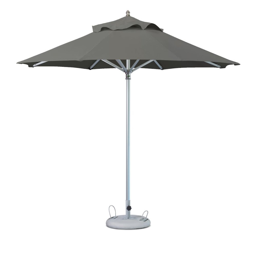 A charcoal polyester round tilt cantilever patio umbrella with a silver pole and a grey base on a white background.