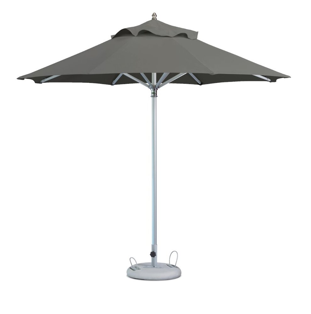 10' Charcoal Polyester Round Tilt Cantilever Patio Umbrella with Stand. Outdoor umbrella isolated on a plain white background, showing a charcoal fabric surface.