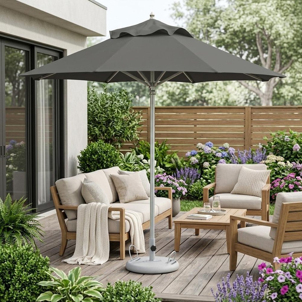 10' Charcoal Polyester Round Tilt Cantilever Patio Umbrella with Stand