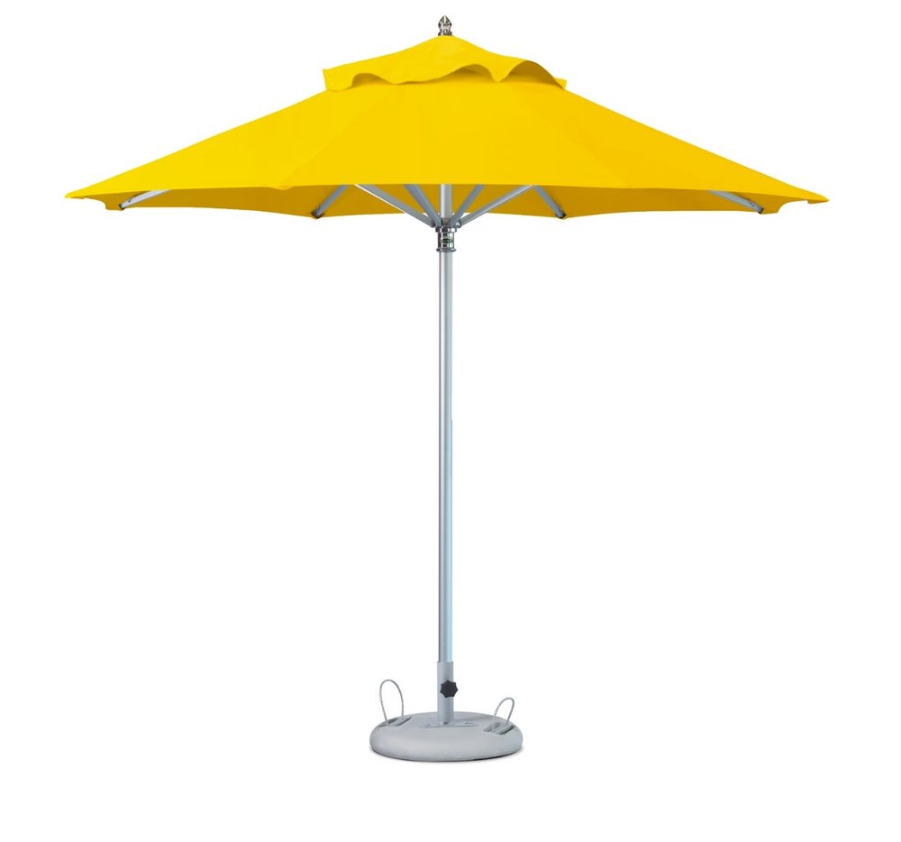 Yellow polyester patio umbrella with a silver pole and a gray base on a white background.