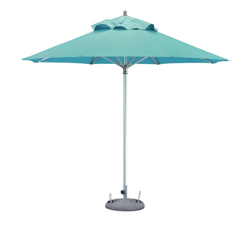 Aqua polyester patio umbrella with a tiered top, silver pole, and gray base on a white background.