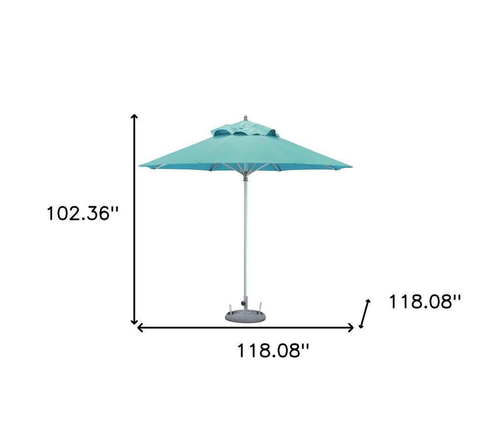 10' Aqua Polyester Round Tilt Cantilever Patio Umbrella with Stand. Outdoor umbrella isolated on a plain white background, finished in teal fabric.