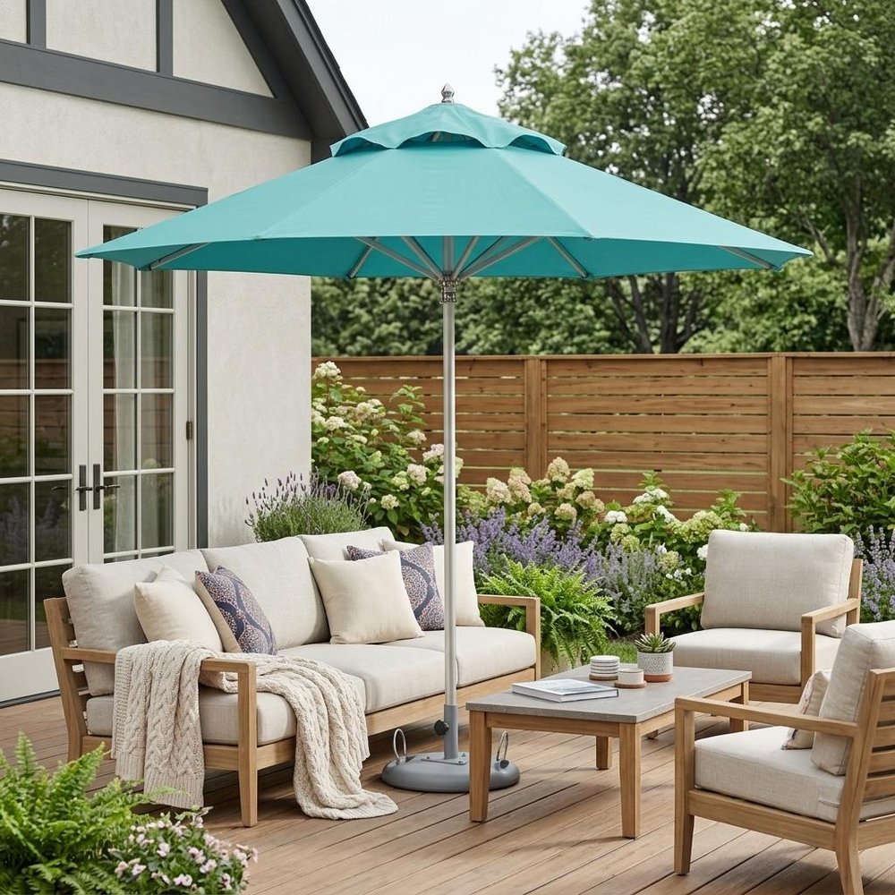 10' Aqua Polyester Round Tilt Cantilever Patio Umbrella with Stand shown outdoors on a patio with greenery.