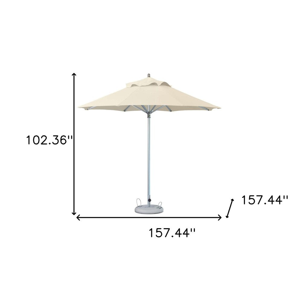 13' Ecru Polyester Round Tilt Cantilever Patio Umbrella with Stand. Outdoor umbrella isolated on a plain white background, showing a gray fabric surface.
