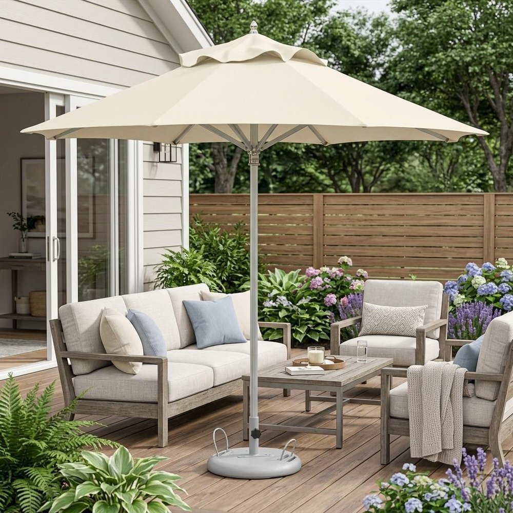 13' Ecru Polyester Round Tilt Cantilever Patio Umbrella with Stand shown outdoors on a patio with greenery in green fabric.