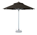 Black polyester round patio umbrella with silver pole and base on a white background.