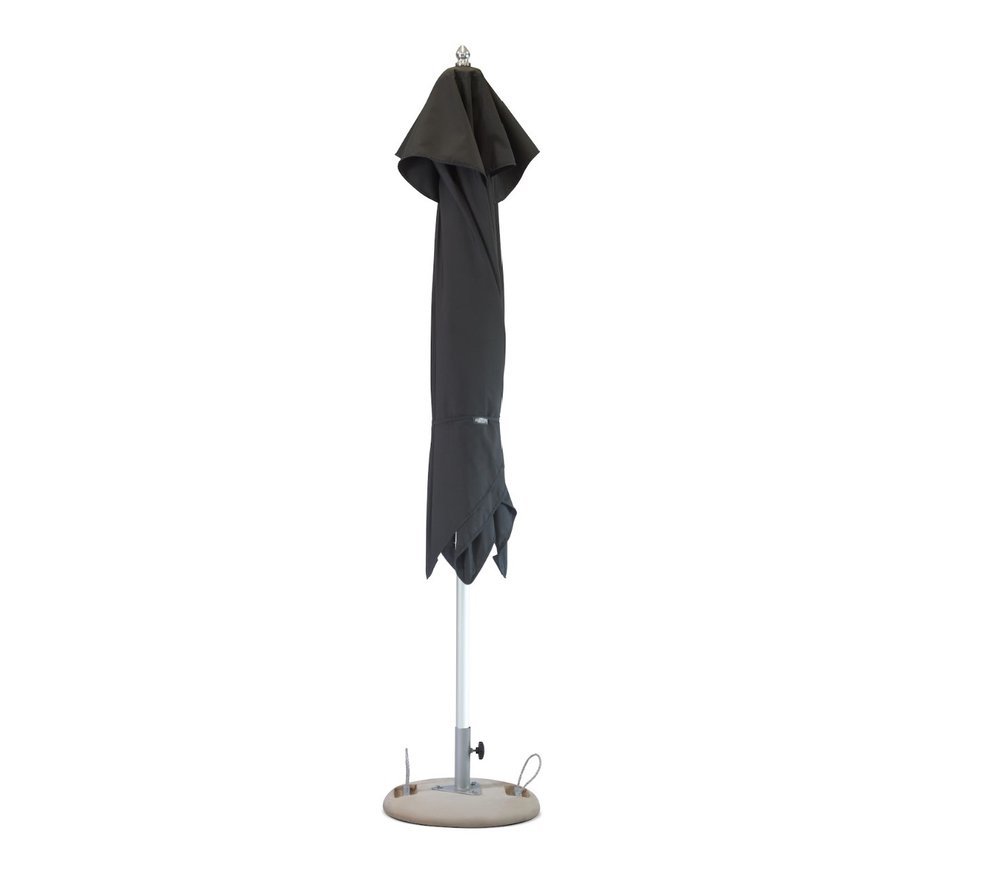 13' Black Polyester Round Tilt Cantilever Patio Umbrella with Stand. Outdoor umbrella isolated on a plain white background, finished in black fabric.