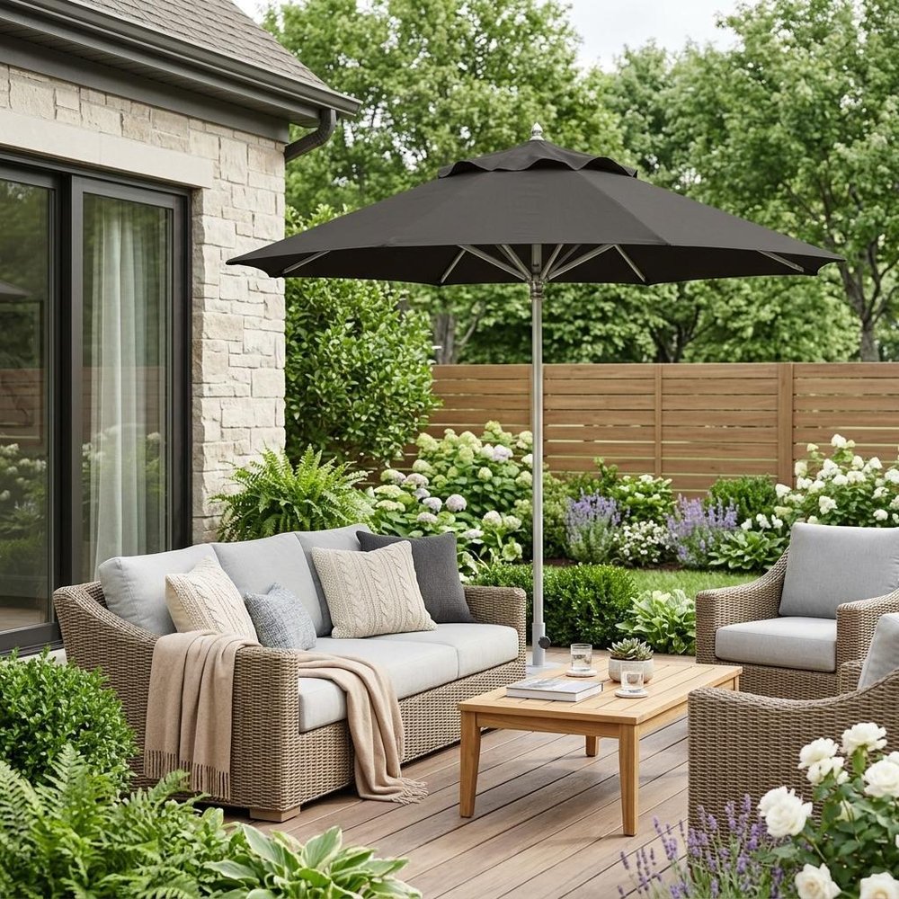 13' Black Polyester Round Tilt Cantilever Patio Umbrella with Stand. Outdoor umbrella in black fabric.