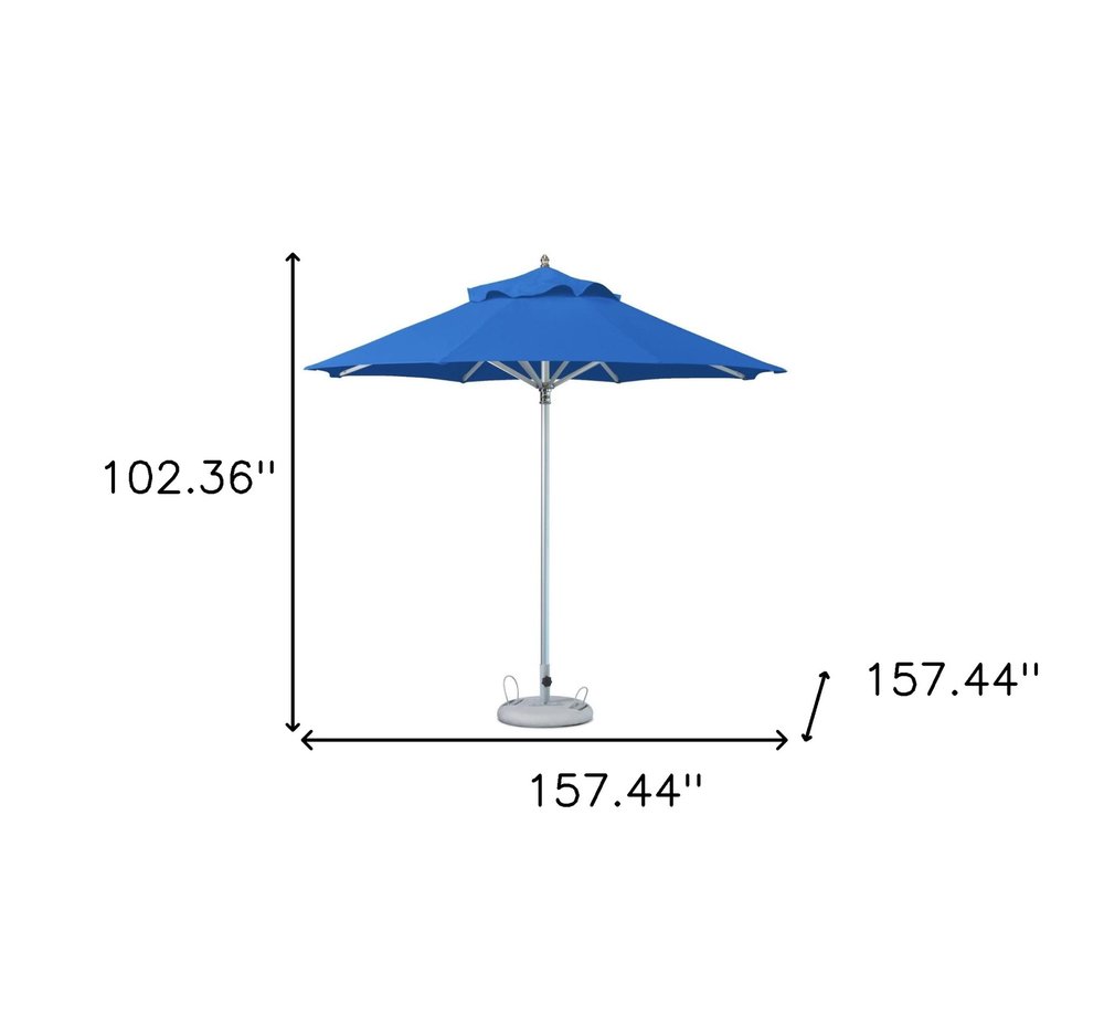 13' Blue Polyester Round Tilt Cantilever Patio Umbrella with Stand. Outdoor umbrella isolated on a plain white background, finished in blue fabric.