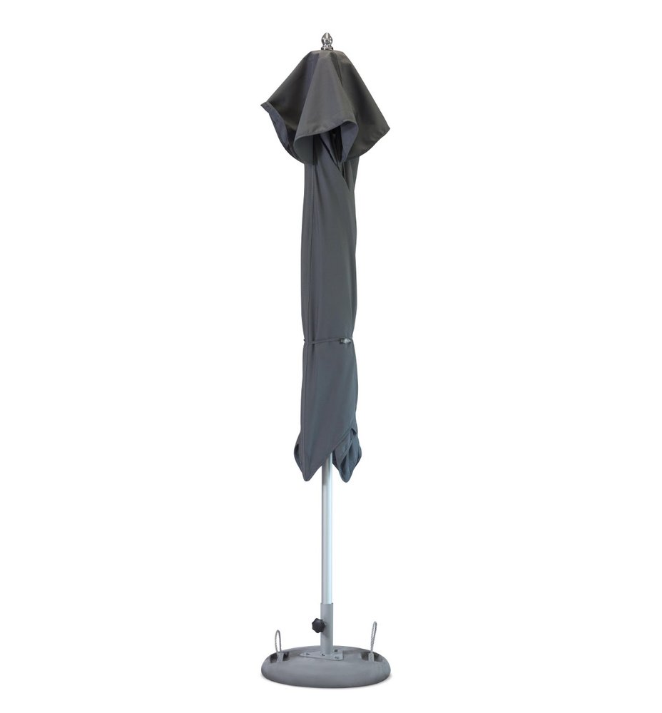 13' Charcoal Polyester Round Tilt Cantilever Patio Umbrella with Stand. Outdoor umbrella isolated on a plain white background, in a charcoal fabric finish.