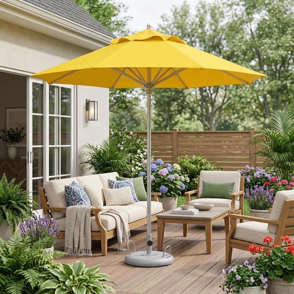 13' Yellow Polyester Round Market Patio Umbrella shown outdoors on a patio with greenery.