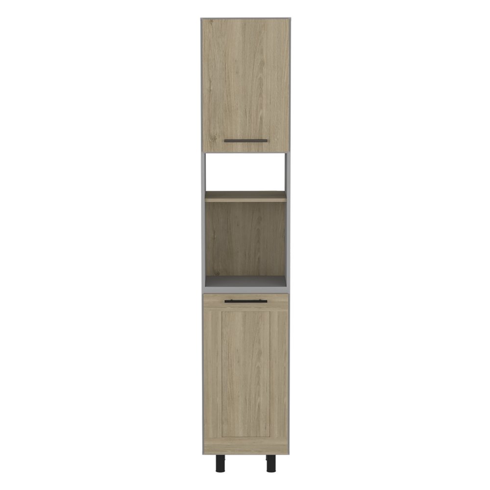 Tall pantry cabinet with gray frame and oak wood doors and shelves, featuring two open shelves and two closed cabinets.