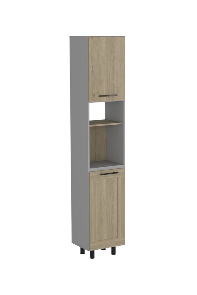 82" Gray And Oak Wood Pantry Or Storage Closet on a white background