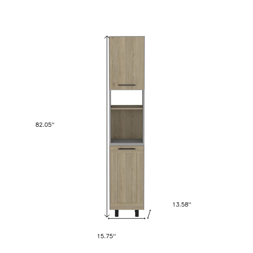 82" Gray And Oak Wood Pantry Or Storage Closet on a white background