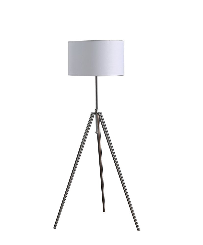 64" Silver Adjustable Tripod Floor Lamp With White Fabric Shade. Floor lamp isolated on a plain white background, showing a silver metal surface.