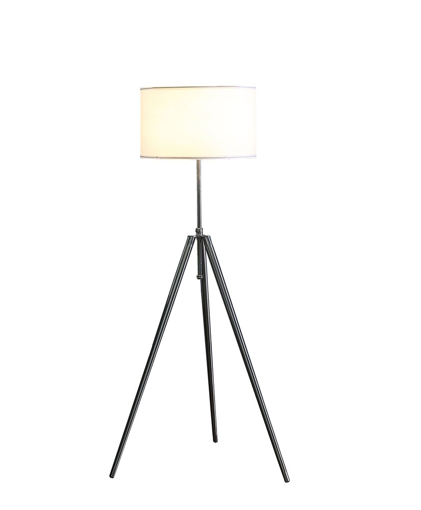 64" Silver Adjustable Tripod Floor Lamp With White Fabric Shade. Floor lamp isolated on a plain white background, in a silver metal finish.