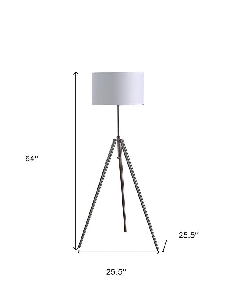 64" Silver Adjustable Tripod Floor Lamp With White Fabric Shade. Floor lamp isolated on a plain white background, finished in silver metal.