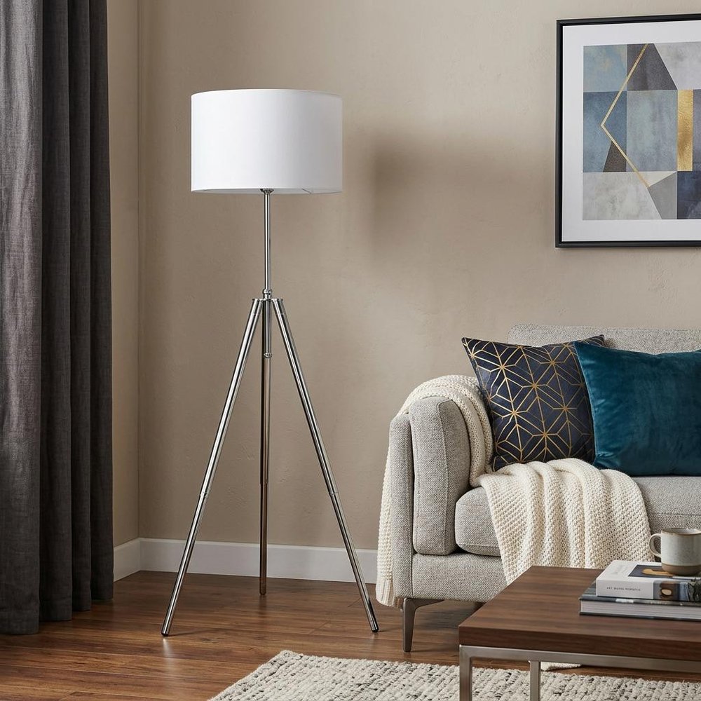 64" Silver Adjustable Tripod Floor Lamp With White Fabric Shade