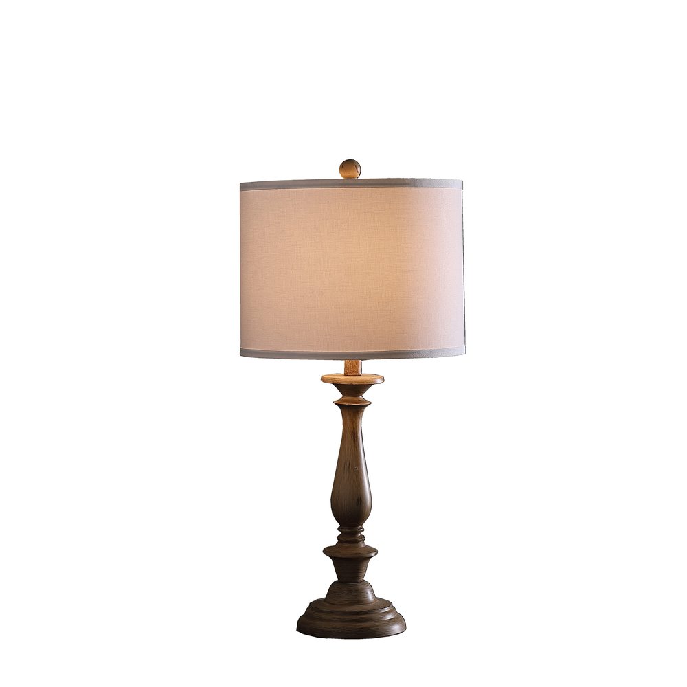 28" Rustic Taupe Cream Candlestick Table Lamp With White Shade. Table lamp isolated on a plain white background, showing its cream color.