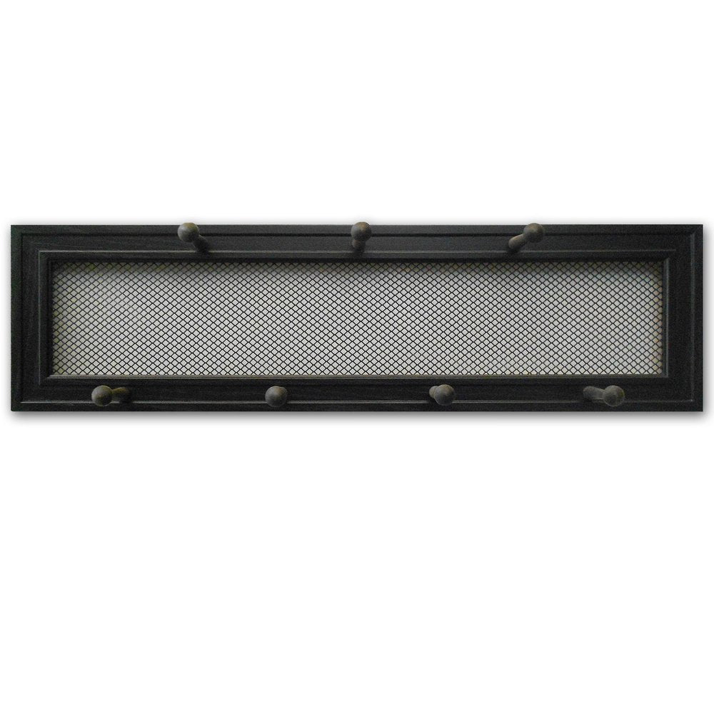 Black wood wall-mounted accent shelf with a mesh panel and six decorative knobs against a white background.