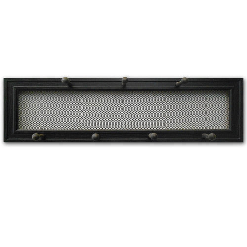 Black wood wall-mounted accent shelf with a mesh panel and six decorative knobs against a white background.