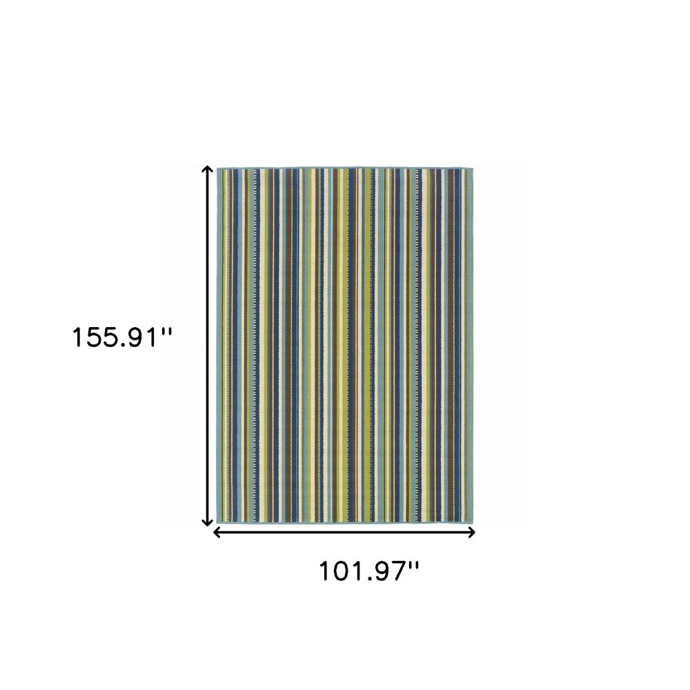 9' X 13' Blue and Green Striped Stain Resistant Indoor Outdoor Area Rug on a white background