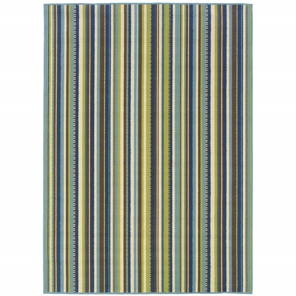 Blue, green, and brown striped indoor/outdoor area rug with a light blue border on a white background.