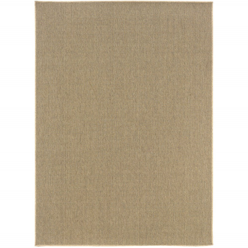 A beige indoor/outdoor area rug with a woven texture on a white background.