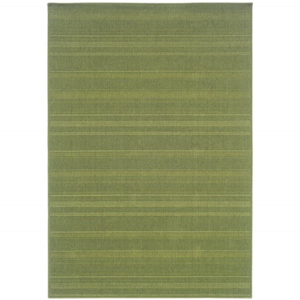 A green striped indoor outdoor area rug on a white background.