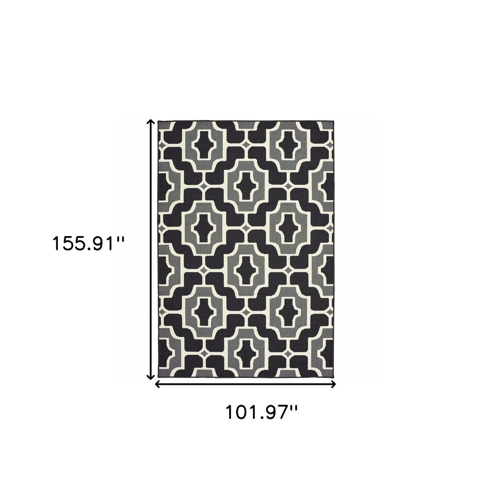9' X 13' Black and Gray Geometric Stain Resistant Indoor Outdoor Area Rug on a white background