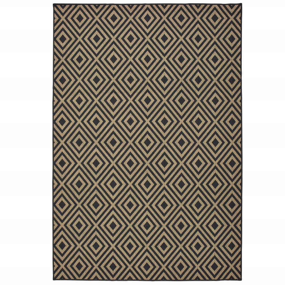 Black and tan geometric diamond pattern indoor outdoor area rug.