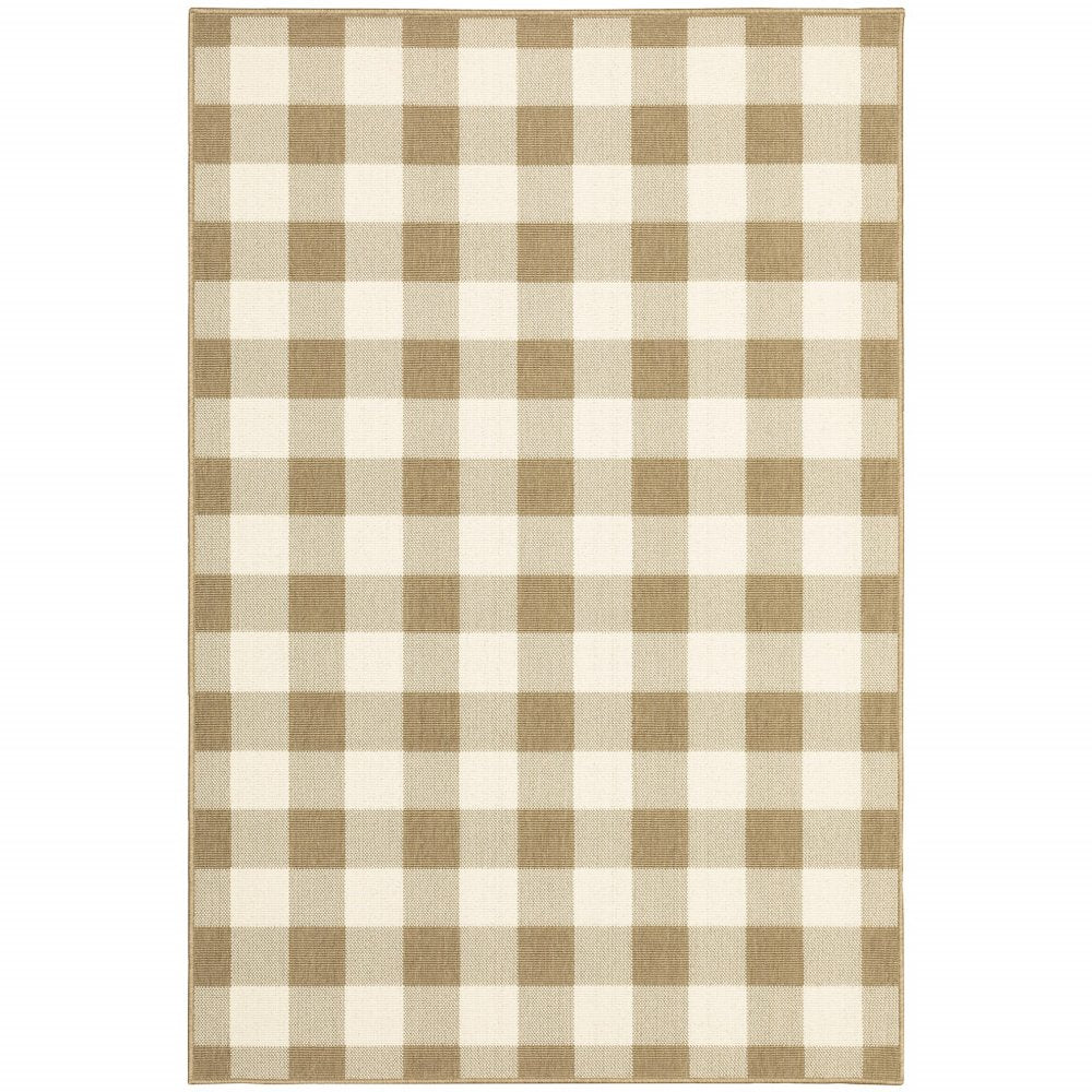 A rectangular rug with a tan and ivory buffalo check pattern on a white background.