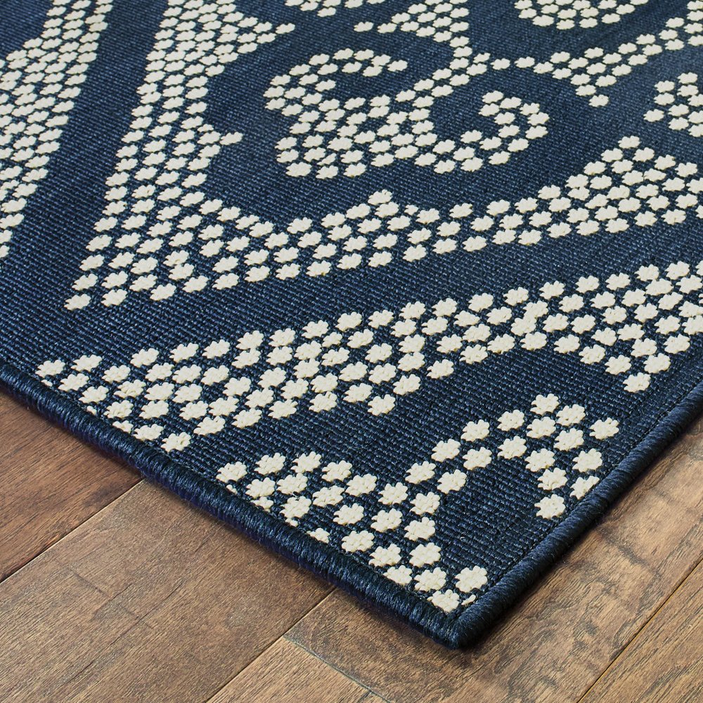 9' X 13' Blue and Ivory Geometric Stain Resistant Indoor Outdoor Area Rug - SKU 507029