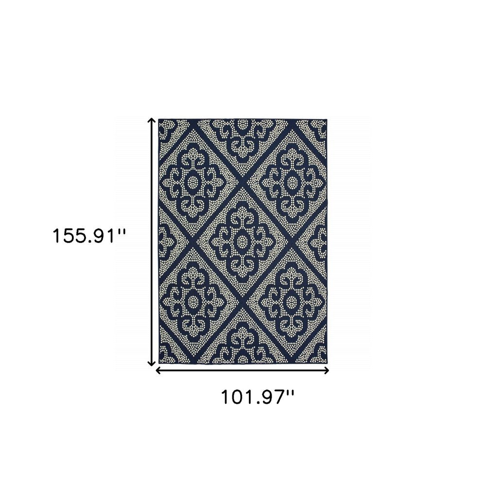 9' X 13' Blue and Ivory Geometric Stain Resistant Indoor Outdoor Area Rug - SKU 507029