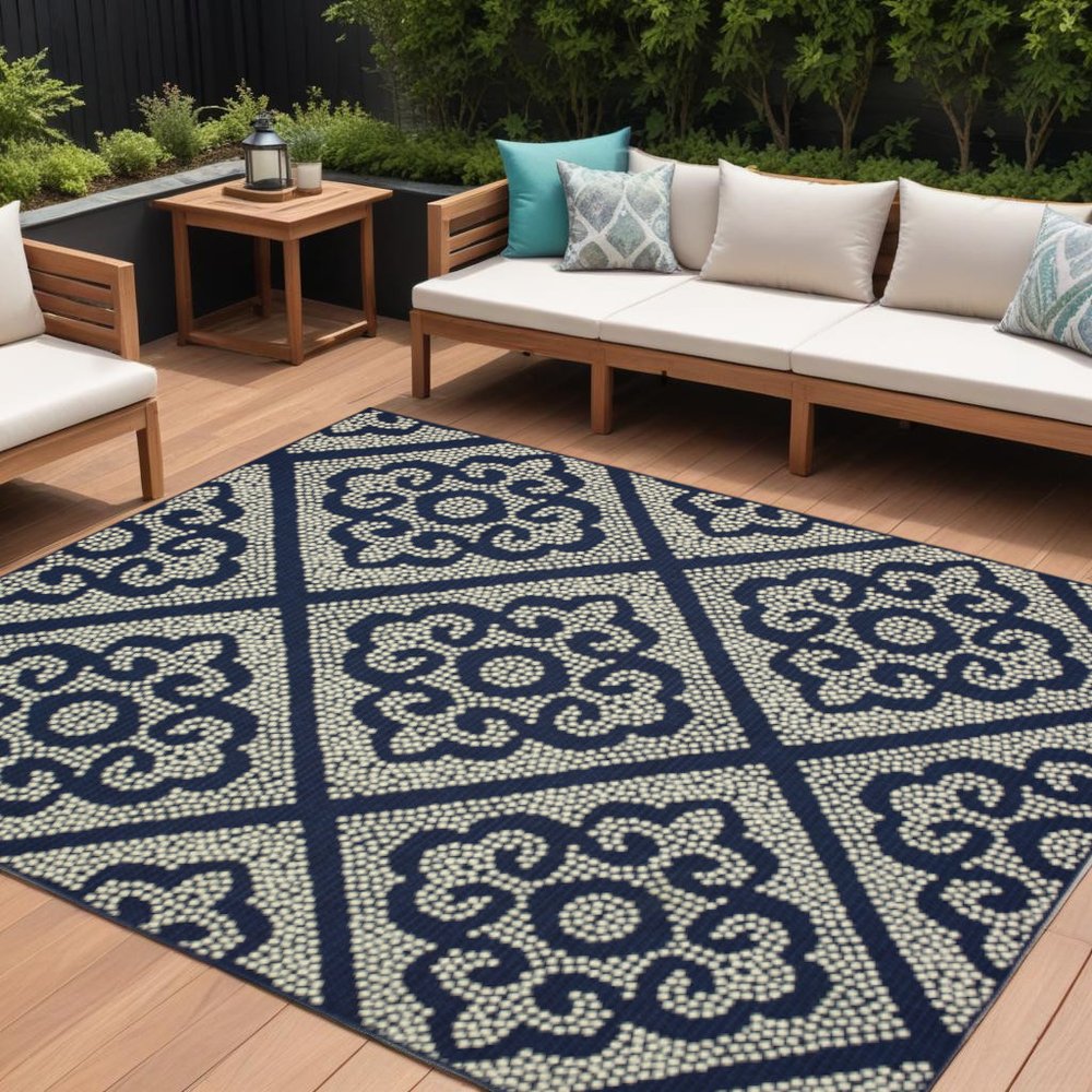 9' X 13' Blue and Ivory Geometric Stain Resistant Indoor Outdoor Area Rug - SKU 507029