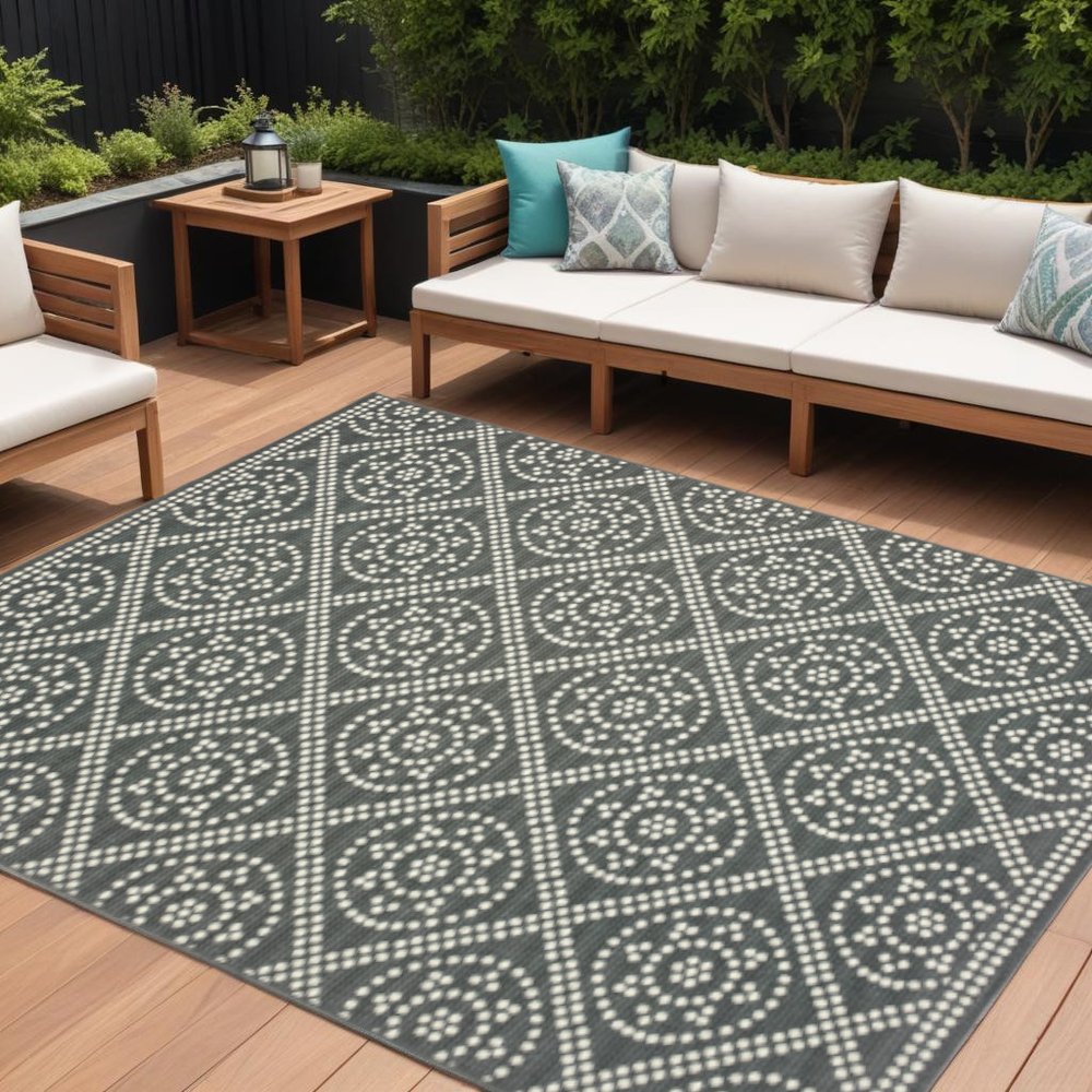9' X 13' Gray and Ivory Geometric Stain Resistant Indoor Outdoor Area Rug - SKU 507038